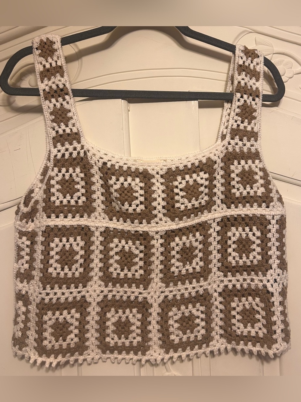 POL Crochet Square Tank Top - White & Brown NWOT